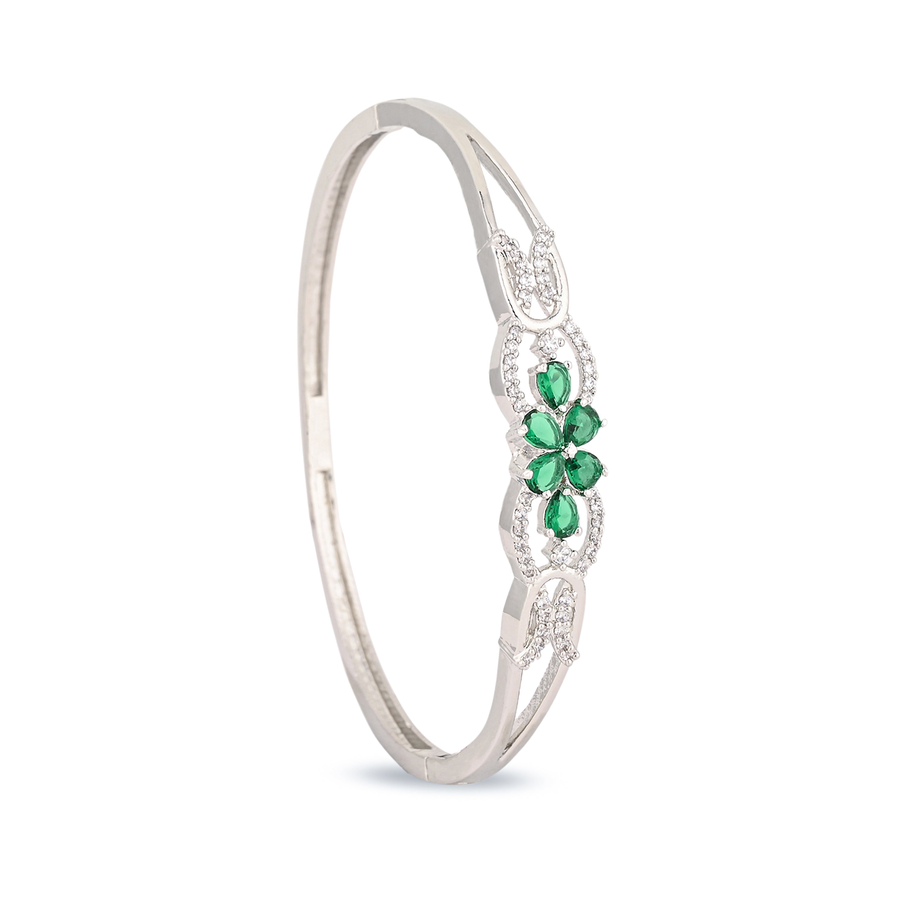 Elegant Silver-Plated Bracelet with Green Zircon Floral Design – Women’s Jewellery