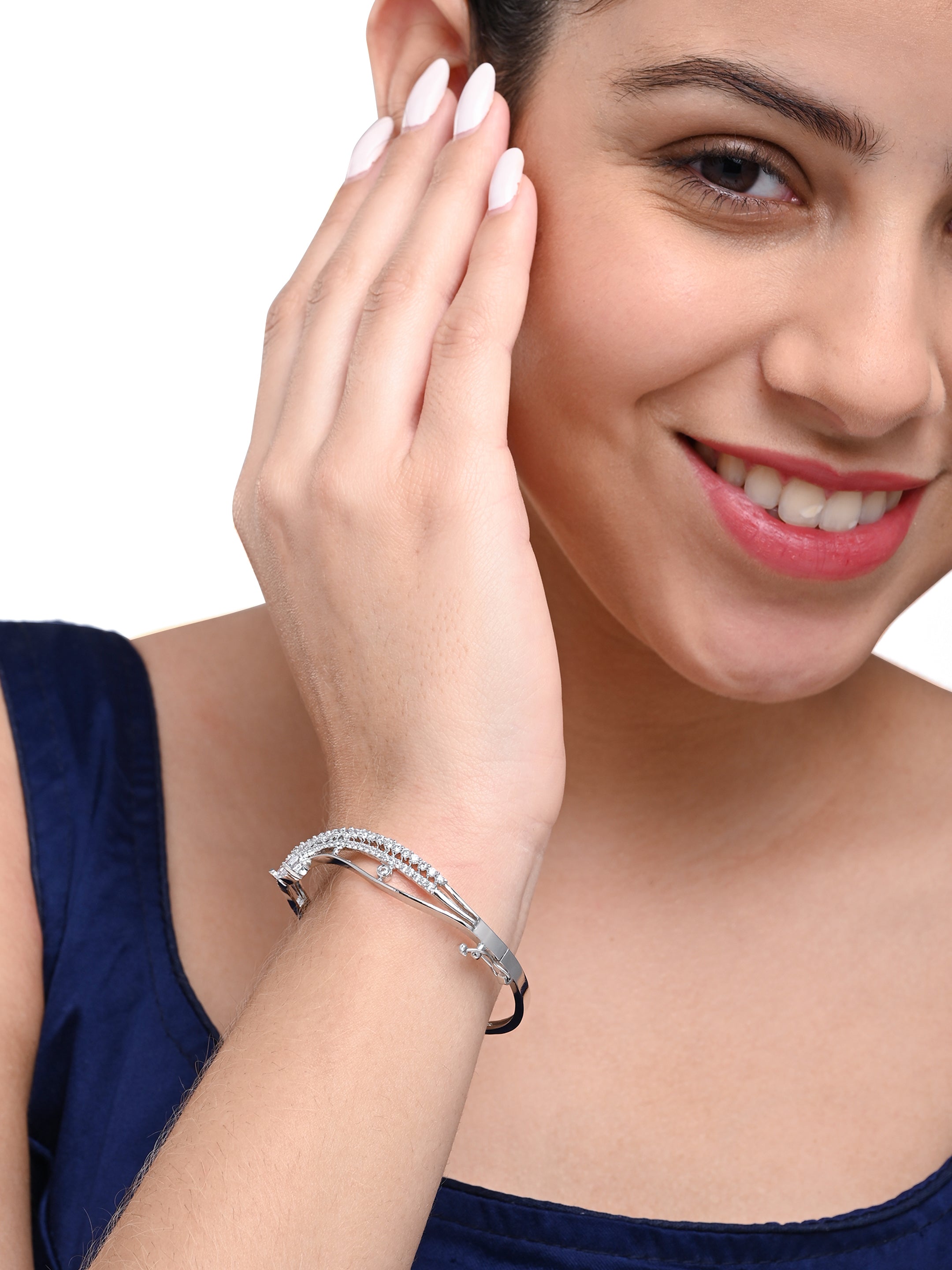 Stylish Silver-Plated Bangle with White Crystal Accents – Women’s Jewellery