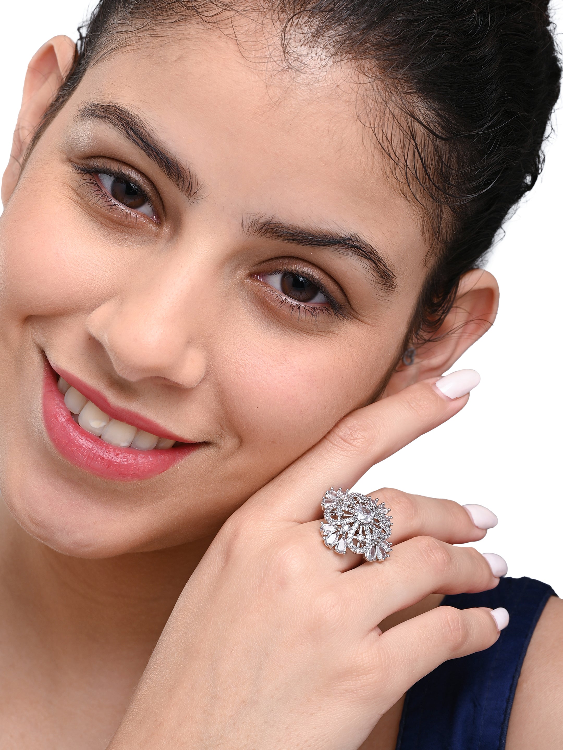 Royal Crystal Studded Floral Ring – Elegant Silver-Tone Finger Ring