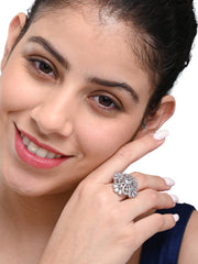 Royal Crystal Studded Floral Ring – Elegant Silver-Tone Finger Ring