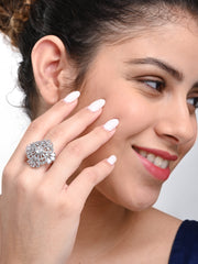 Royal Crystal Studded Floral Ring – Elegant Silver-Tone Finger Ring