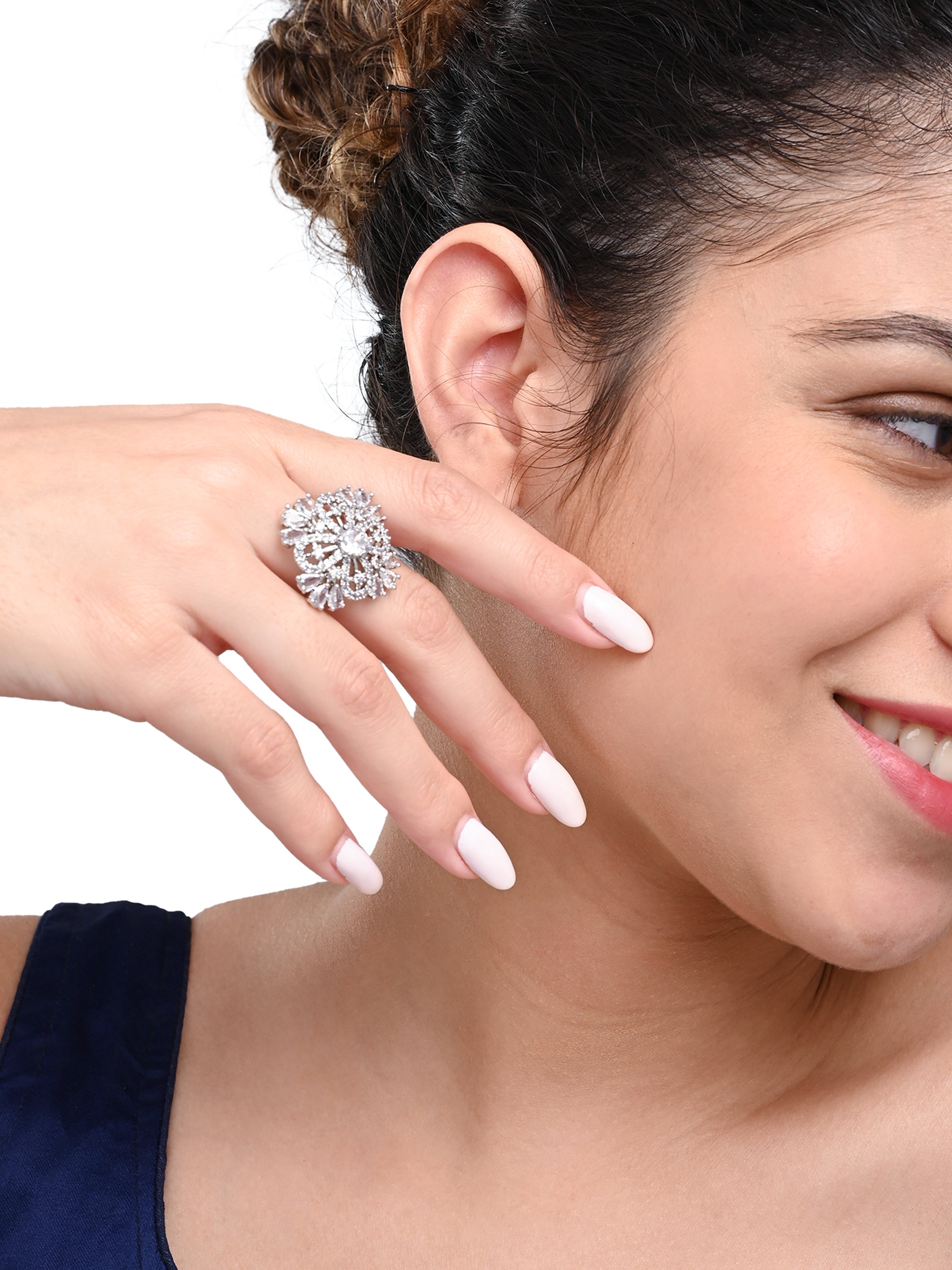Royal Crystal Studded Floral Ring – Elegant Silver-Tone Finger Ring