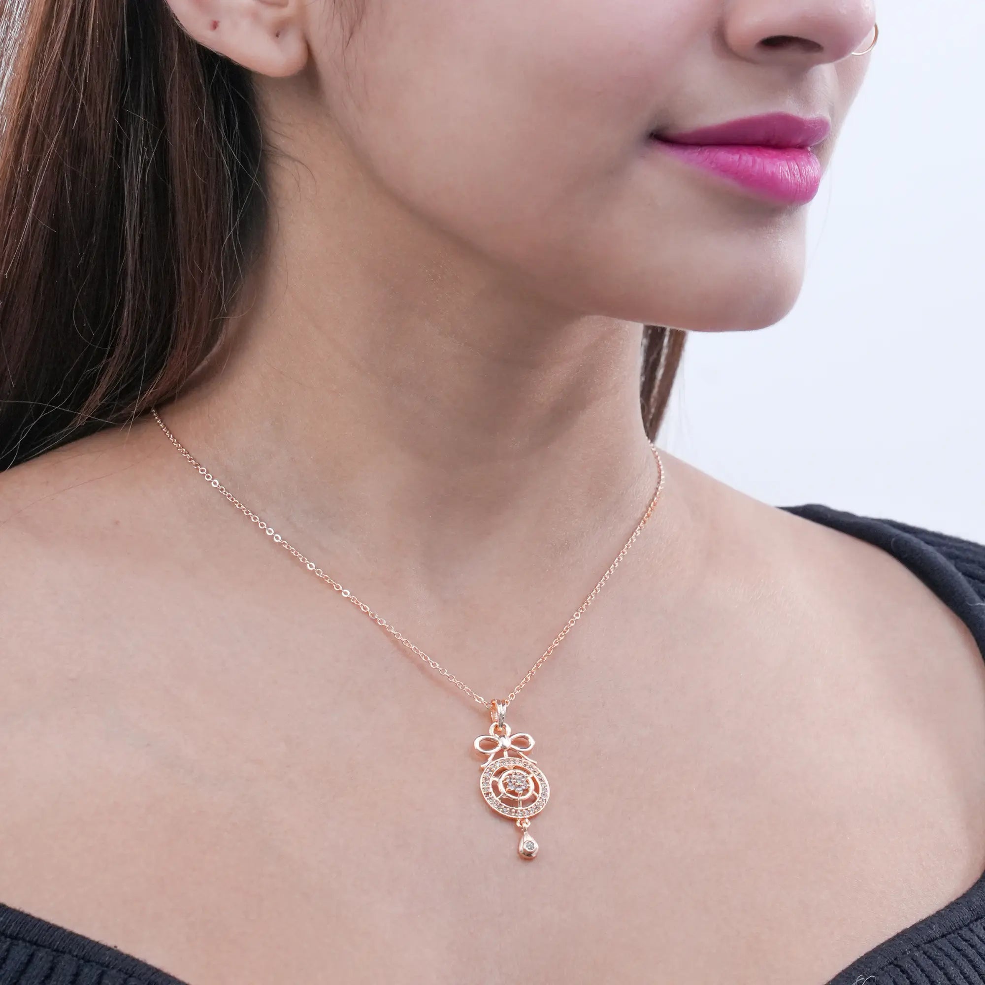 Gold Bow Pendant Necklace with CZ Accents | Dainty Designer Jewelry for Women DZOIR