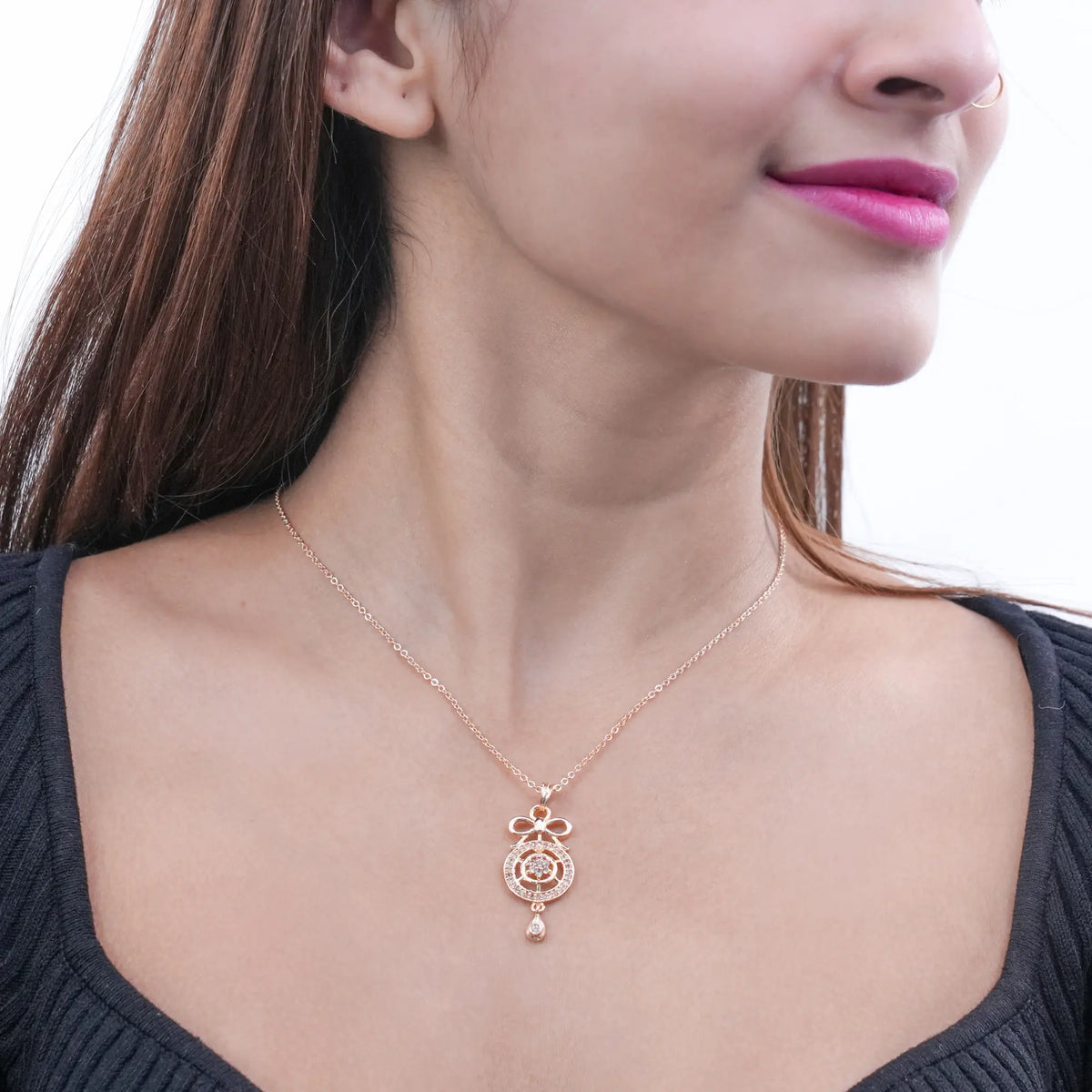 Gold Bow Pendant Necklace with CZ Accents | Dainty Designer Jewelry for Women DZOIR