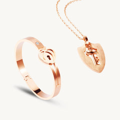 Couple’s Lock & Key Bracelet and Necklace Set – Rose Gold Matching Jewelry DZOIR