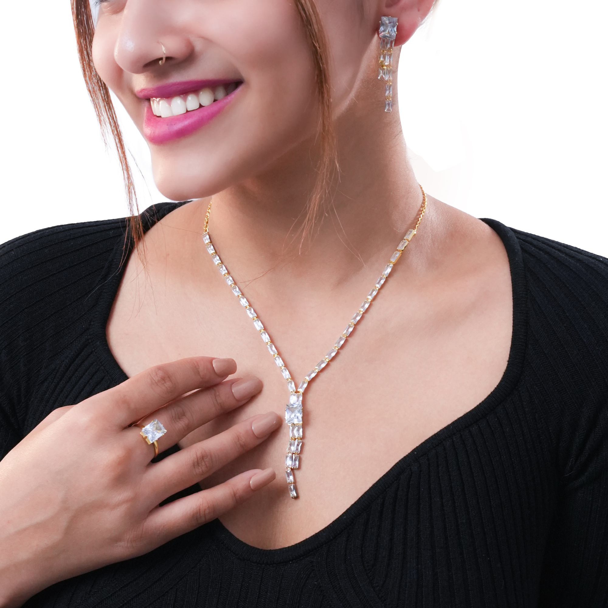 DZOIR Rhinestone Jewellery Set for Women | Gold Plated Necklace, AD Crystal Choker, Elegant Necklace Set with Earrings | Golden Polished Rhinestone Jewelry for Special Occasions