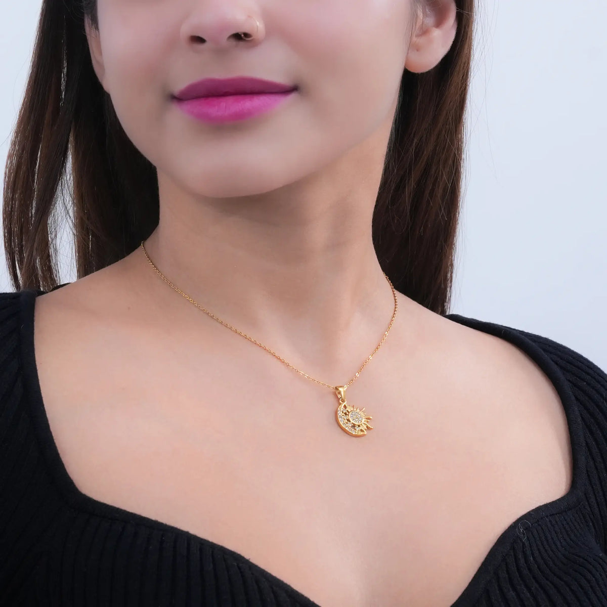Gold-Plated Sun & Moon Pendant Necklace for Women & Girls DZOIR