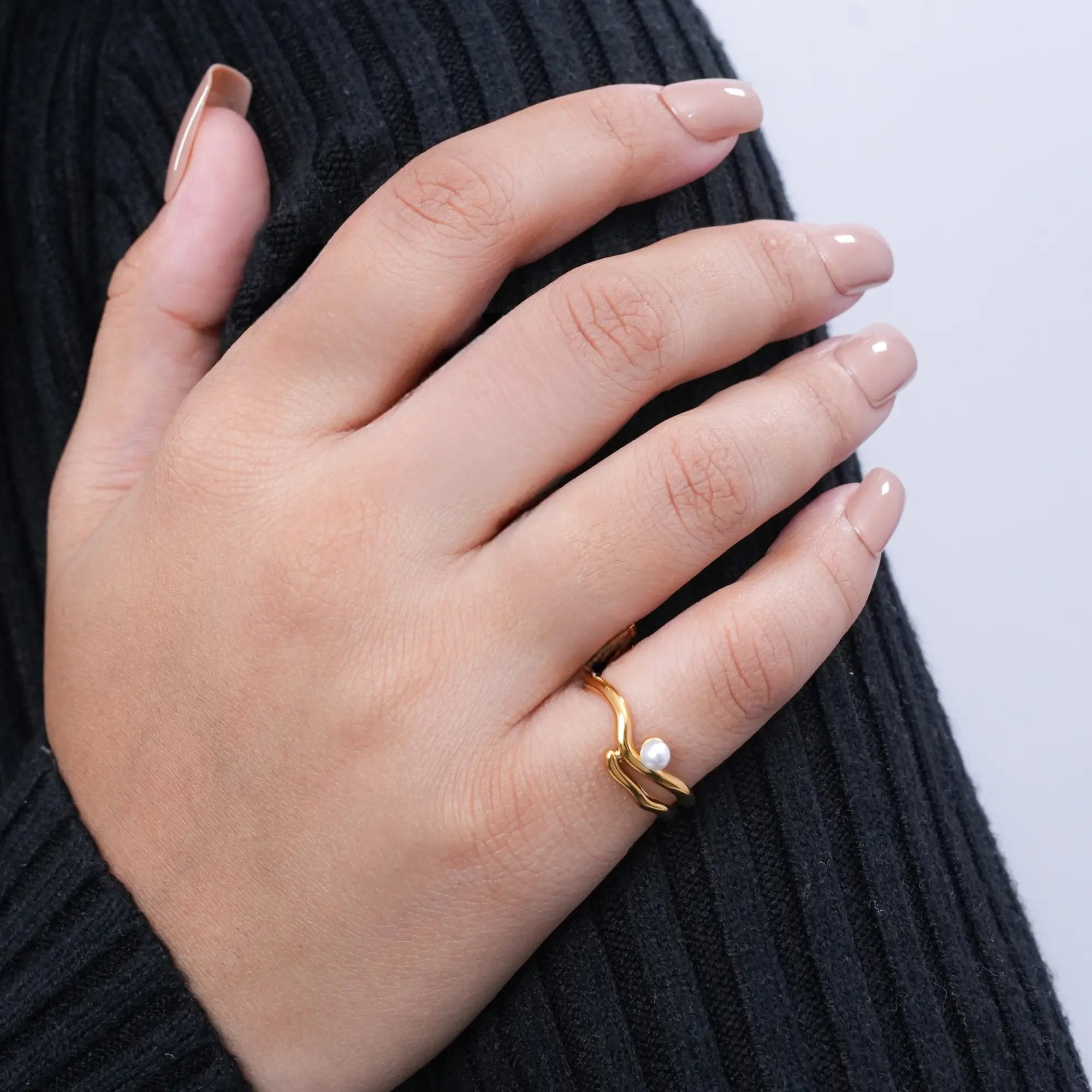 Minimal Gold Pearl Open Ring | Adjustable Designer Statement Ring for Women DZOIR