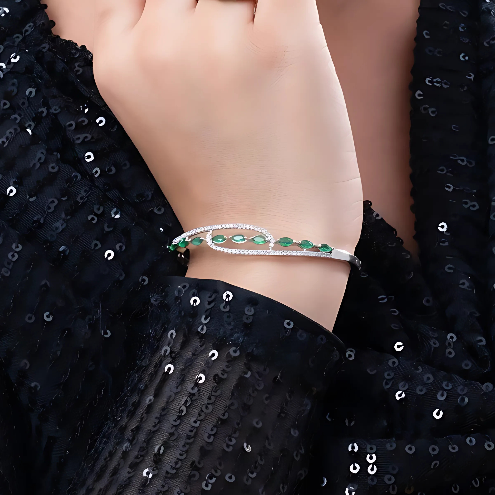 Elegant Silver-Tone Bangle with Green Marquise Crystals & Pave Accents
