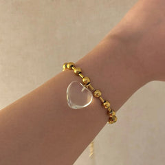 Gold Beaded Bracelet with Clear Heart Pendant – Elegant Adjustable Chain for Women DZOIR