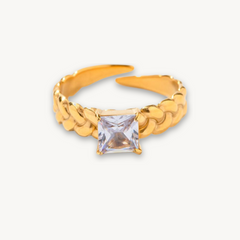 Gold-Plated Chain Link Ring with Square-Cut CZ Stone – Adjustable Statement Jewelry for Women & Girls