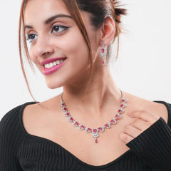 Pink Stone CZ Necklace Set for Women | Elegant Silver Finish Choker with Earrings DZOIR