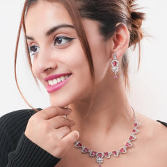 Pink Stone CZ Necklace Set for Women | Elegant Silver Finish Choker with Earrings DZOIR