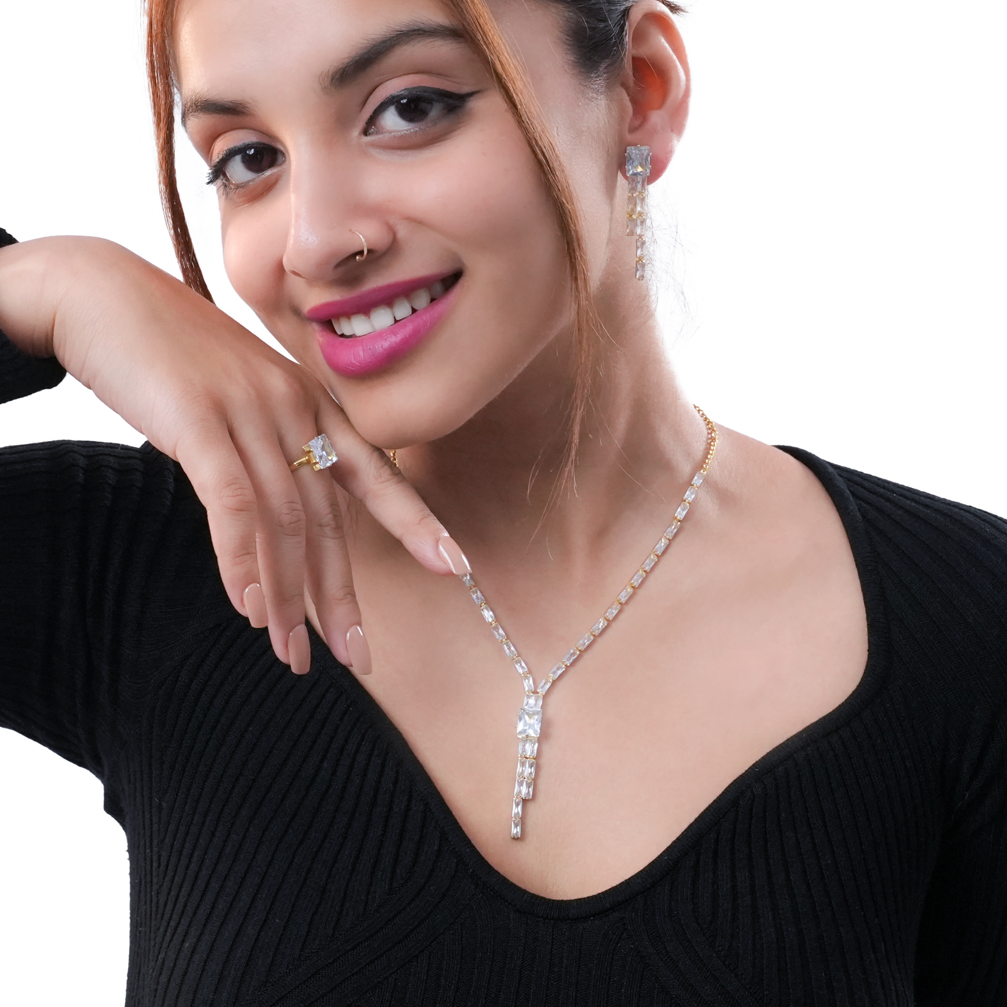 DZOIR Rhinestone Jewellery Set for Women | Gold Plated Necklace, AD Crystal Choker, Elegant Necklace Set with Earrings | Golden Polished Rhinestone Jewelry for Special Occasions