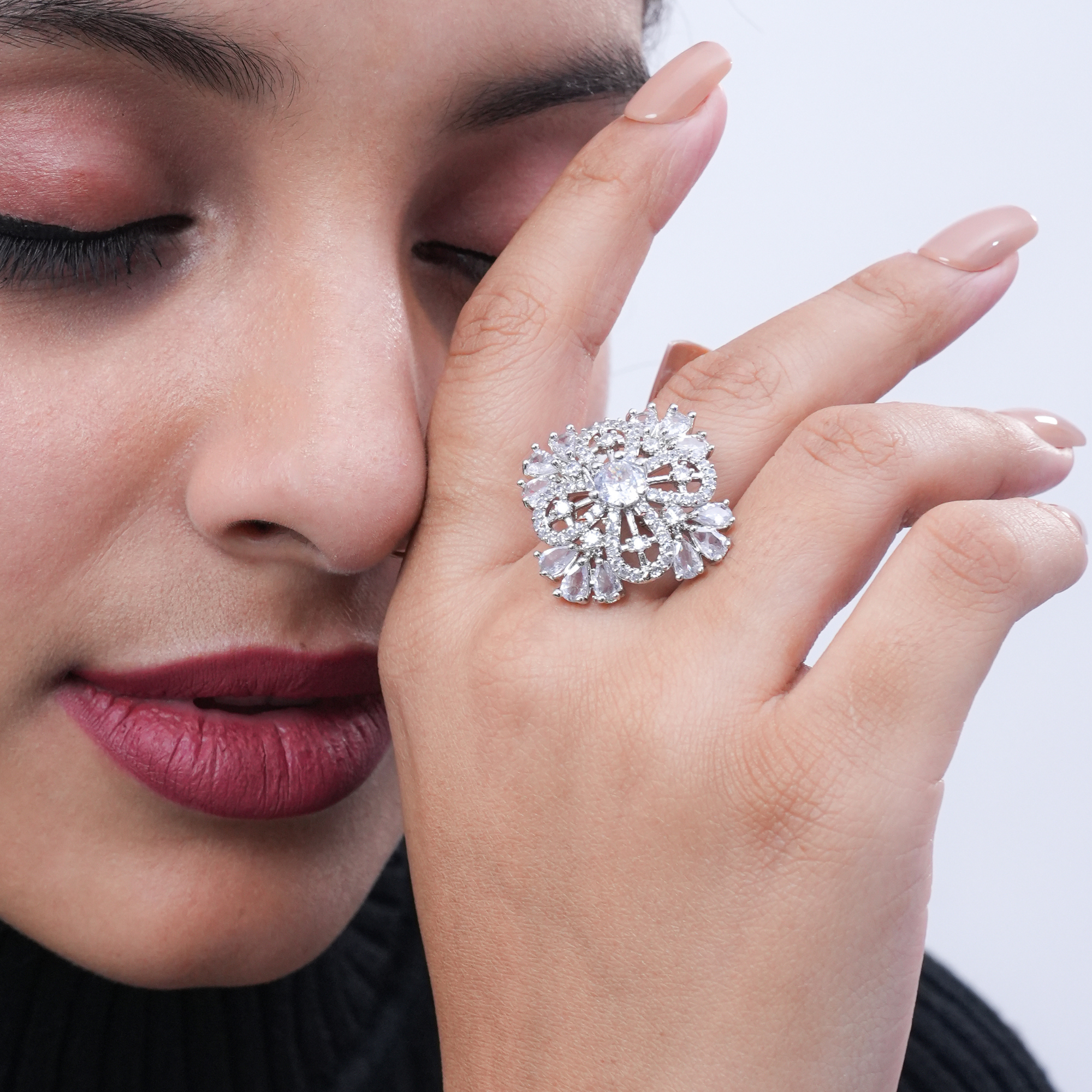 Royal Crystal Studded Floral Ring – Elegant Silver-Tone Finger Ring