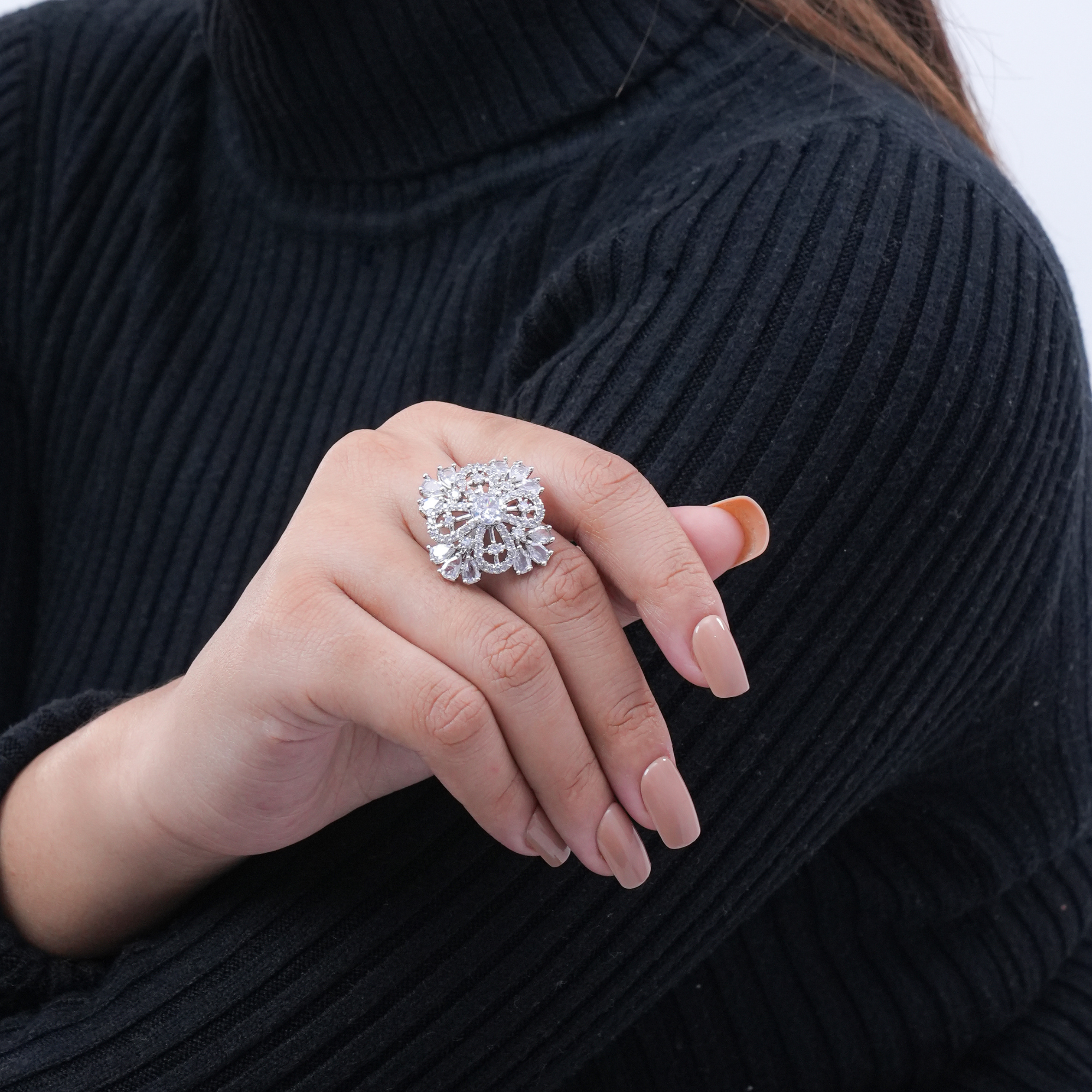 Royal Crystal Studded Floral Ring – Elegant Silver-Tone Finger Ring
