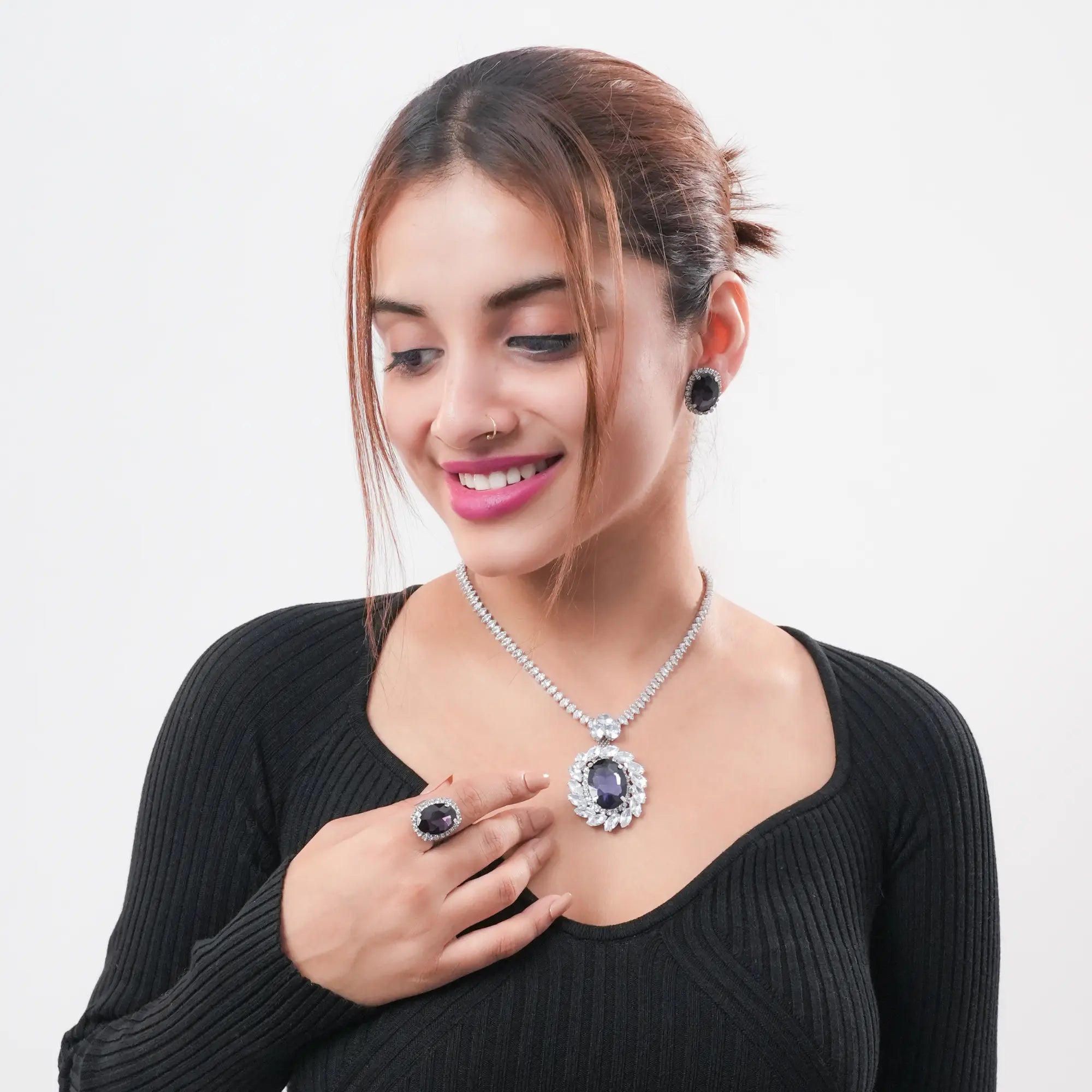 Purple Jewellery Set Women||Jwell Necklace Set Women||Crystal Necklace Set Women||Blue Stone Jewellery||Pendant Women||Jewellery Women||Pendant Set Women DZOIR