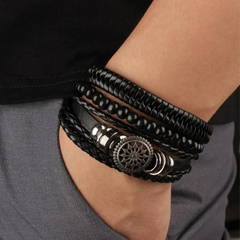 Bohemian Multi-Layer Black Leather Bracelet – Vintage Beaded Wrap Cuff