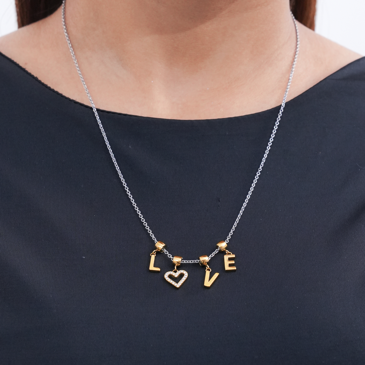LOVE Charm Necklace with Gold Letters | Dual-Tone Dainty Pendant for Women