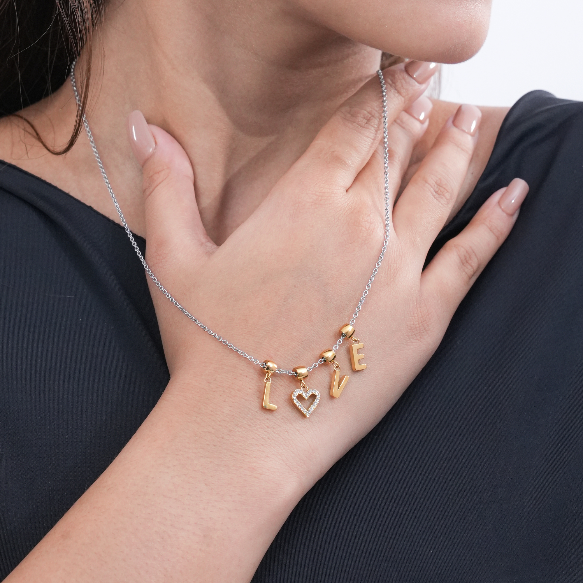 LOVE Charm Necklace with Gold Letters | Dual-Tone Dainty Pendant for Women