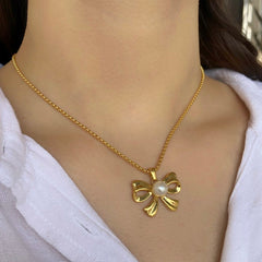 Gold Bow Pendant Necklace with Pearl Center | Elegant Feminine Jewelry for Women