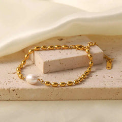 Classic Gold-Plated Bead Bracelet with Pearl Charm – Stylish & Trendy Jewellery DZOIR