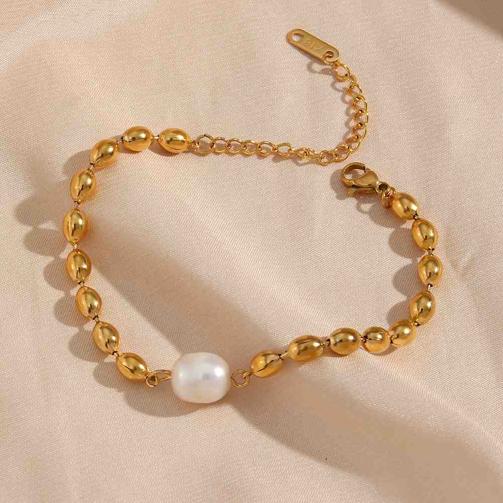 Classic Gold-Plated Bead Bracelet with Pearl Charm – Stylish & Trendy Jewellery DZOIR