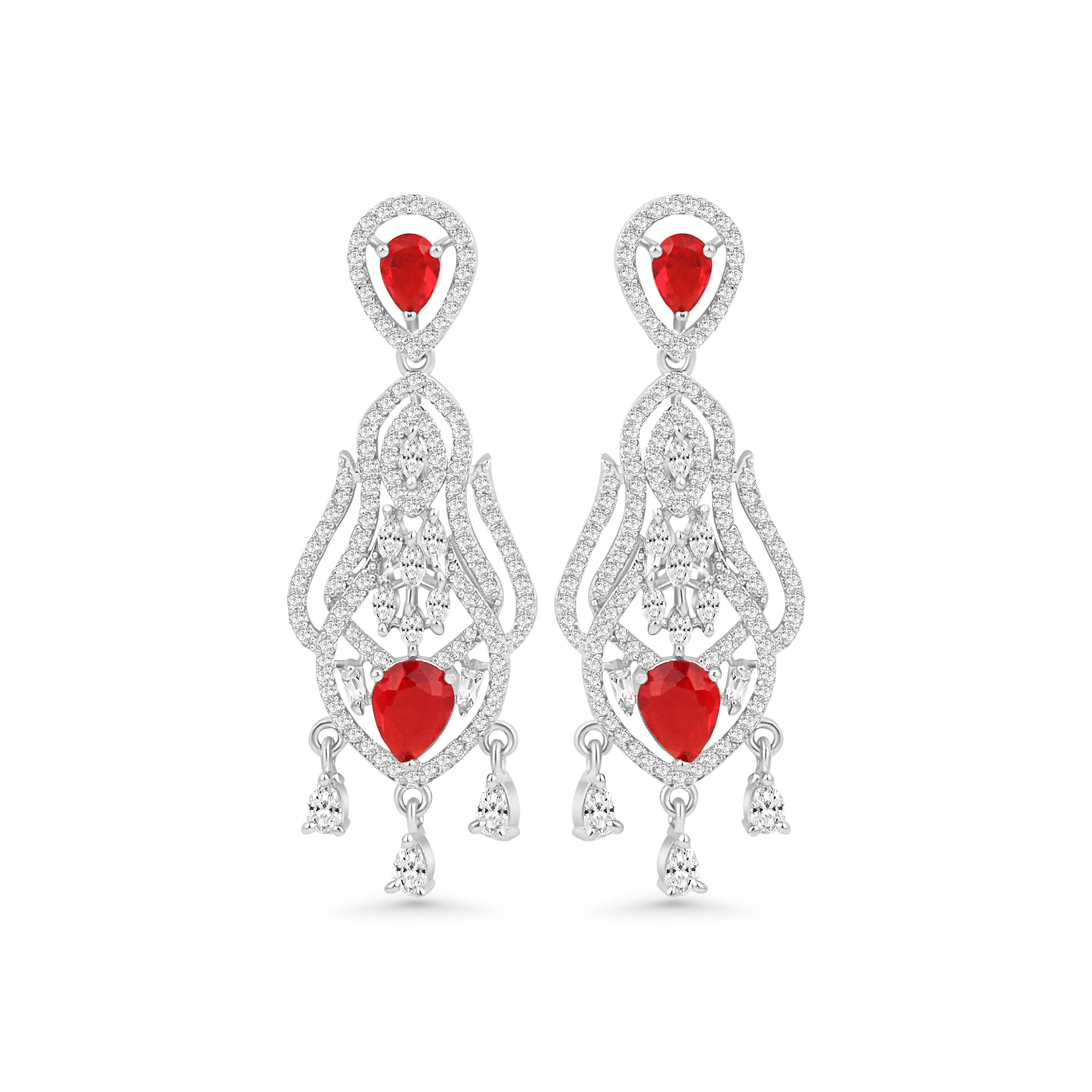 Red Stone Drop Earrings with CZ Diamonds | Elegant Bridal & Party Wear Jewelry DZOIR