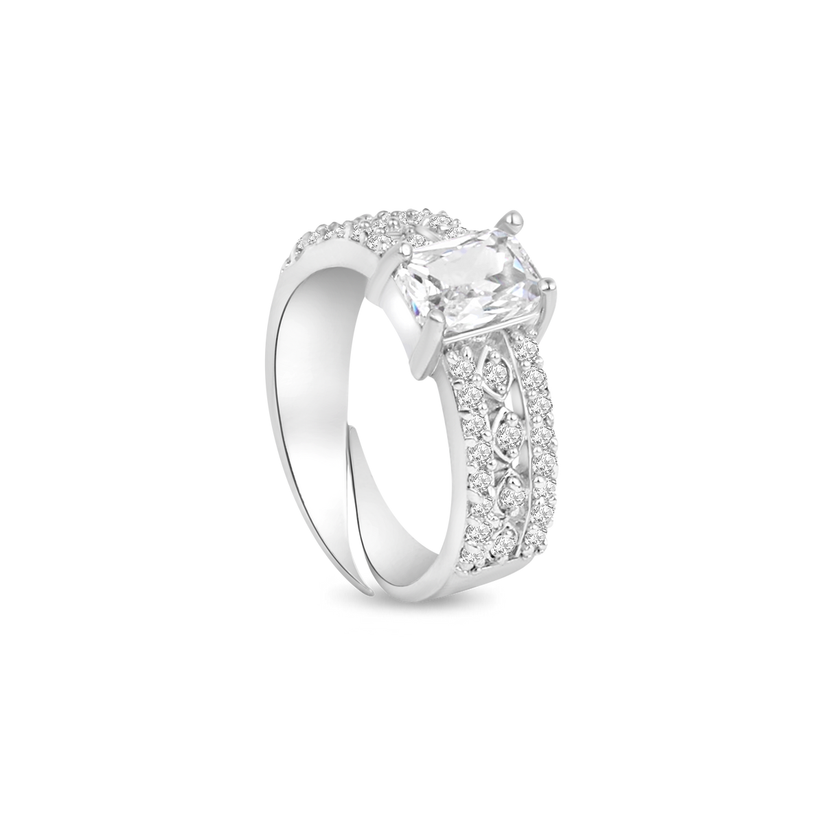Luxury White Princess-Cut Engagement Ring – Silver-Tone Pavé Band with Sparkling Accents