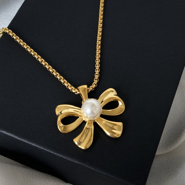 Gold Bow Pendant Necklace with Pearl Center | Elegant Feminine Jewelry for Women