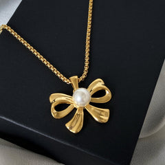 Gold Bow Pendant Necklace with Pearl Center | Elegant Feminine Jewelry for Women