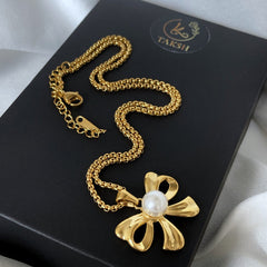 Gold Bow Pendant Necklace with Pearl Center | Elegant Feminine Jewelry for Women