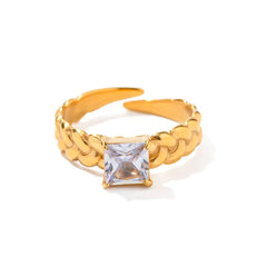 Gold-Plated Chain Link Ring with Square-Cut CZ Stone – Adjustable Statement Jewelry for Women & Girls