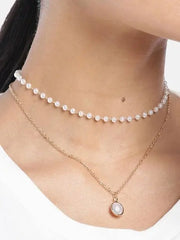 DZOIR Gold-Plated Double Layered Necklace for Women | Rhinestone Pendant Necklace, Stylish Necklace Chain Set, Elegant Necklace for Women DZOIR