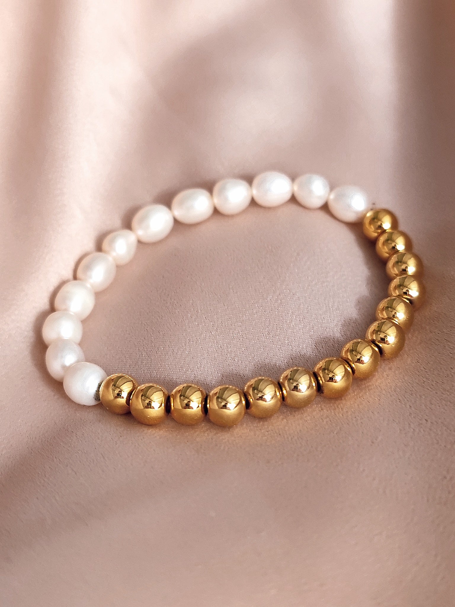 Elegant Half Pearl & Gold Beaded Bracelet – Stretchable Fashion Jewelry for Women
