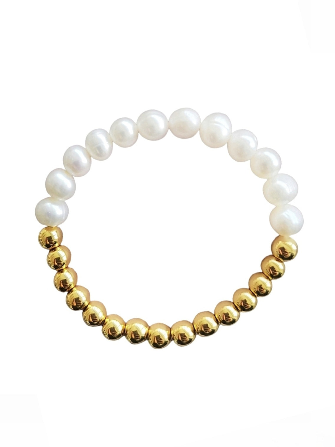 Elegant Half Pearl & Gold Beaded Bracelet – Stretchable Fashion Jewelry for Women