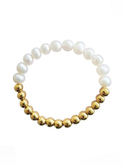 Elegant Half Pearl & Gold Beaded Bracelet – Stretchable Fashion Jewelry for Women