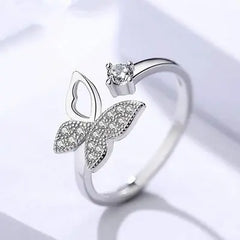 Elegant Butterfly Open Adjustable Silver-Plated Ring with Sparkling CZ Stone DZOIR