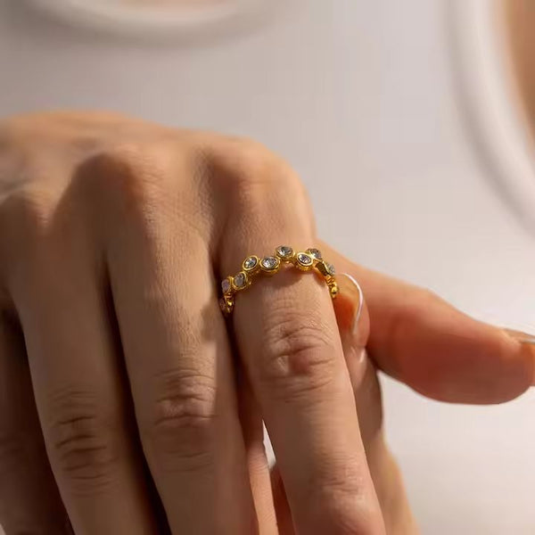 Gold Beaded Eternity Ring – Dainty Stacking Band with Sparkling Zircon Stones