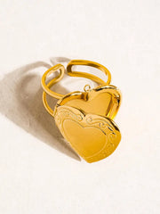 Gold-Plated Heart Locket Ring for Women – Adjustable Double Band Jewelry, Unique Keepsake Gift for Loved Ones DZOIR