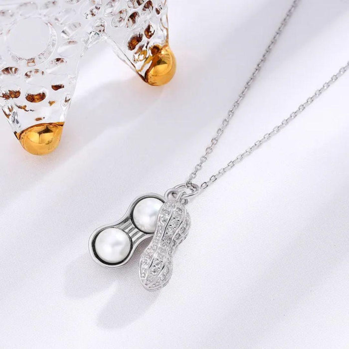 Peanut Shaped Pearl Pendant Necklace | Unique Silver Jewelry with Dual Pink Pearls