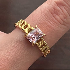 Gold-Plated Chain Link Ring with Square-Cut CZ Stone – Adjustable Statement Jewelry for Women & Girls