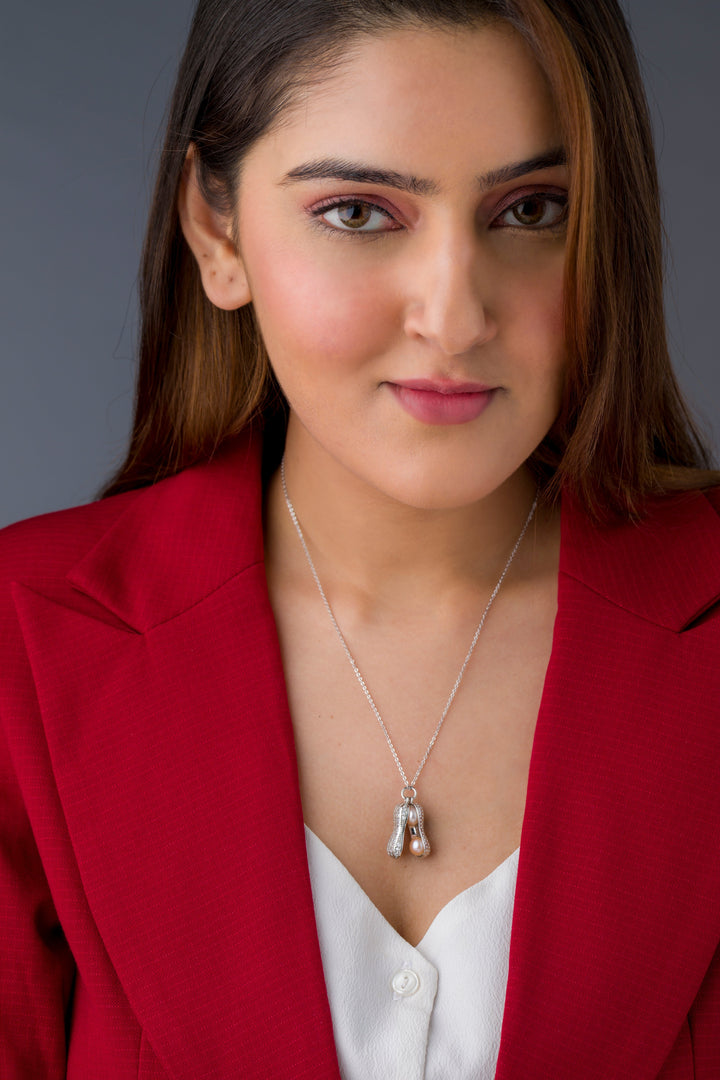 Peanut Shaped Pearl Pendant Necklace | Unique Silver Jewelry with Dual Pink Pearls