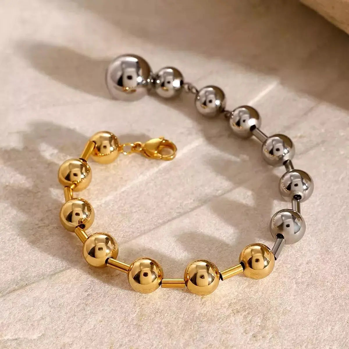 Two-Tone Beaded Bracelet for Women – Gold & Silver Stainless Steel Statement Jewelry - DZOIR